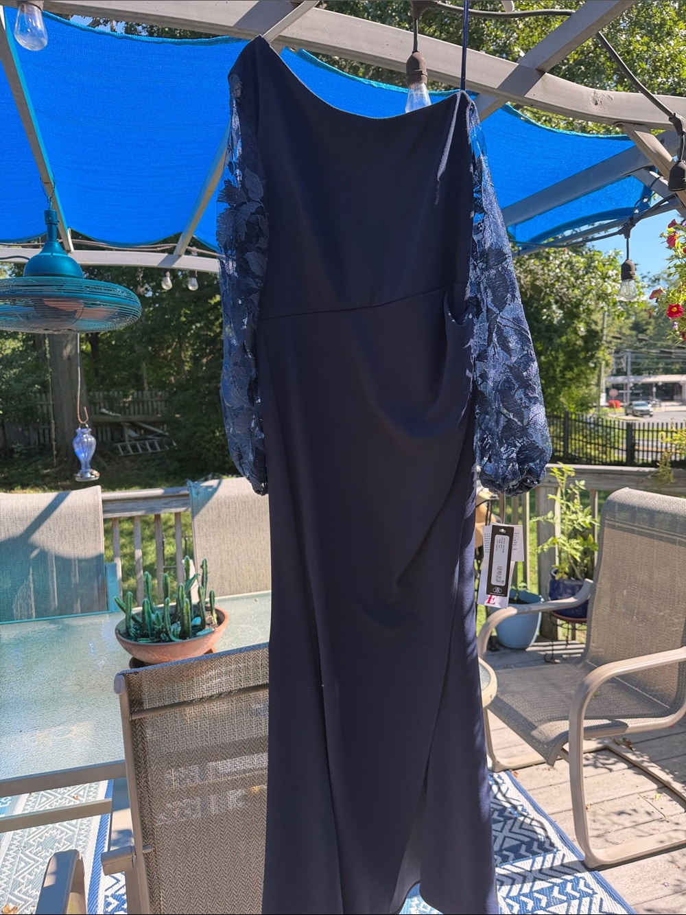 Betsey Johnson Navy Long-Sleeve Lace Balloon Sleeve Gown